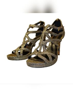 Michael Kors MK Sandra  Black/Gold Glitter Strappy Stiletto Heel Sandals Size 8